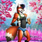  2022 absurd_res anthro black_body black_clothing black_fur black_hair black_tail black_topwear blue_bottomwear blue_clothing blue_hair blue_highlights blue_shorts bottomwear bulge canid canine chest_tuft clothed clothing eldiman fangs food fox fur green_clothing green_eyes green_topwear hair hi_res highlights_(coloring) holding_food holding_object male mammal multicolored_body multicolored_clothing multicolored_fur multicolored_tail multicolored_topwear open_mouth orange_body orange_fur orange_tail plant shorts shoulder_tuft sleeveless_topwear solo teeth tongue topwear tree tuft two_tone_clothing two_tone_topwear white_body white_fur white_tail 
