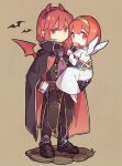  1boy 1girl alternate_costume armor ascot bat_(animal) bat_wings black_cape black_footwear brother_and_sister brown_background candy cape carrying carrying_person closed_mouth commentary eating fake_horns fake_wings fire_emblem fire_emblem:_mystery_of_the_emblem food full_body greaves haconeri hairband hand_on_own_hip holding holding_candy holding_food holding_lollipop horns lollipop maria_(fire_emblem) michalis_(fire_emblem) purple_ascot red_cape red_eyes short_hair siblings simple_background standing symbol-only_commentary two-sided_cape two-sided_fabric two-tone_cape v-shaped_eyebrows white_trim wings yellow_hairband 