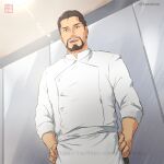  1boy bara beard brown_eyes brown_hair chef chef_uniform commentary_request facial_hair hair_slicked_back isekai_shokudou isomine male_focus mature_male muscular muscular_male mustache open_mouth owner_(isekai_shokudou) short_hair smile solo 