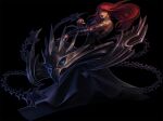  1girl arm_tattoo bangs black_background black_dress chain collaboration dress from_side instrument league_of_legends long_hair looking_at_viewer neck_tattoo official_alternate_costume pentakill_(league_of_legends) pentakill_sona red_hair shoulder_tattoo simple_background solo sona_(league_of_legends) spikes tattoo vegacolors weapon 