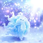  alolan_ninetales blue_eyes blurry bokeh bright_pupils closed_mouth commentary_request day depth_of_field highres looking_up no_humans outdoors pokemon pokemon_(creature) signature smile snow solo standing uta_(pixiv_4699580) white_pupils winter 