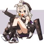  1girl aa-12_(girls&#039;_frontline) amonitto bags_under_eyes bandaid bandaid_on_face bandaid_on_knee bandaid_on_leg bandaid_on_nose bangs_pinned_back beanie black_eyes black_gloves black_headwear black_shorts black_thighhighs camisole candy clothes_down coat detached_collar food girls&#039;_frontline gloves grey_hair hair_ornament hat injury knee_pads knees_up lollipop long_hair looking_at_viewer shoes short_hair short_shorts shorts sidelocks single_glove single_knee_pad single_thighhigh sitting solo star_(symbol) star_hair_ornament sweatdrop thighhighs tongue tongue_out white_coat 