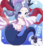  1girl blue_eyes blue_hair blush breasts character_name izanami_(youkai_watch) large_breasts looking_at_viewer mermaid monster_girl navel no_pupils nollety open_mouth pointy_ears shell shell_bikini solo youkai_watch 