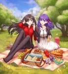  2girls :d :o ahoge apple banana black_hair blue_eyes breasts cup dress drinking_glass fate/stay_night fate_(series) floating_hair food fruit grapes grass hair_ribbon highres holding holding_food legs long_hair long_legs looking_at_another matou_sakura multiple_girls no_shoes open_mouth outdoors pantyhose picnic_basket purple_eyes purple_hair red_shirt ribbon sandwich shirt side_ponytail siya_ho smile toes tohsaka_rin tree white_dress 