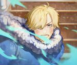  1boy bishounen blonde_hair blush coat curly_eyebrows fur_coat hair_over_one_eye male_focus one_piece sanji_(one_piece) solo teeth white_peach_art winter winter_clothes winter_coat 