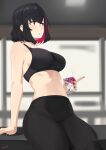  1girl bangs black_hair black_nails black_pants black_sports_bra blush box breasts eyebrows_visible_through_hair feet_out_of_frame girls&#039;_frontline highres holding holding_box juice_box kion-kun large_breasts leaning_back leggings lips looking_away multicolored_hair nail_polish navel open_mouth pants red_eyes ripper_(girls&#039;_frontline) ripper_swap_(girls&#039;_frontline) sangvis_ferri short_hair sideboob simple_background sitting sitting_on_object solo sports_bra sportswear twitter_username 