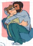  &gt;_&lt; 2boys arm_hair bara beard beard_stubble blush_stickers couple dark-skinned_male dark_skin facial_hair forked_eyebrows full_beard grabbing_another&#039;s_hair hug interracial joseph_(scott_pilgrim) long_sideburns male_focus motion_lines multiple_boys null_(mr_not_null) rubbing scott_pilgrim_(series) scott_pilgrim_takes_off short_hair sideburns sitting sitting_on_lap sitting_on_person sketch sparse_stubble stephen_stills thick_beard thick_eyebrows yaoi 