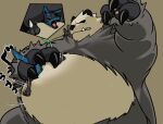 96_gatefield anthro belly belly_press belly_squish big_belly claws duo generation_4_pokemon generation_6_pokemon leaf lucario lying male male/male nintendo on_front open_mouth overweight overweight_anthro overweight_male pangoro pawpads paws pinned pokemon pokemon_(species) soft_belly squish