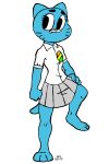  2019 absurd_res anthro blue_body blue_fur bottomwear cartoon_network clothed clothing digital_media_(artwork) domestic_cat felid feline felis female fur hand_on_hip hi_res mammal nicole_watterson simple_background skirt skybeatz solo standing the_amazing_world_of_gumball white_background 