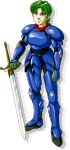  1boy alm_(fire_emblem) armor artist_request blue_armor breastplate clenched_hands fire_emblem fire_emblem_gaiden full_body green_eyes green_hair holding holding_sword holding_weapon looking_at_viewer official_art pauldrons shadow shoulder_armor smile standing sword weapon 