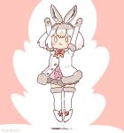  1girl animal_ears arms_up bow bowtie coroha elbow_gloves extra_ears full_body gloves grey_hair jacket jumping kemono_friends kemono_friends_3 looking_at_viewer mountain_hare_(kemono_friends) pink_background rabbit_ears rabbit_girl shirt shoes short_hair simple_background skirt solo thighhighs 