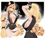  1girl absurdres alternate_breast_size animal_ear_piercing animal_ears arknights arms_up black_dress black_headwear blonde_hair breasts center_opening cleavage dress drill_hair drill_sidelocks ears_through_headwear from_side green_eyes highres holding holding_stick large_breasts long_hair looking_at_viewer multiple_views naxius_noxy official_alternate_costume sideboob sidelocks skindentation stick swire_(arknights) swire_the_elegant_wit_(arknights) tail thigh_gap tiger_ears tiger_girl tiger_tail tying_hair very_long_hair 
