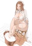  1girl blue_eyes bra breasts brown_hair chair edea_(throtem) feet garter_belt hair_over_shoulder highres large_breasts lingerie long_hair long_sleeves looking_at_viewer original panties sitting solo thick_thighs thigh_strap thighs throtem underwear 