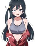  1girl black_hair borgbutler breasts cleavage clothes_down double-parted_bangs flustered grey_eyes grey_sports_bra highres jacket long_hair love_live! love_live!_nijigasaki_high_school_idol_club medium_breasts navel one_side_up open_mouth red_jacket simple_background solo sports_bra sweat tagme white_background yuuki_setsuna_(love_live!) 