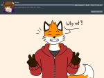 2018 4:3 5_fingers anthro ask_blog bar_emanata batspid2 black_eyebrows black_nose brown_body brown_fur canid canine clothing dialogue digital_drawing_(artwork) digital_media_(artwork) ear_markings emanata english_text exclamation eyebrows eyes_closed facial_tuft fingers flat_colors fox front_view fur gesture glistening glistening_nose grey_clothing grey_topwear hoodie male mammal markings max_(batspid2) multicolored_body multicolored_fur orange_body orange_fur question red_clothing red_topwear simple_background slim_anthro slim_male smile solo sweatshirt tail tail_markings tail_tuft text topwear tuft v_sign white_body white_fur