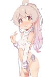  1girl absurdres ahoge arm_warmers bare_shoulders blush breasts brown_eyes closed_mouth commentary_request cowboy_shot garter_straps grey_hair highres long_hair looking_at_viewer meme_attire nose_blush onii-chan_wa_oshimai! oyama_mahiro panties pink_hair ponytail revealing_clothes shiina_excel side-tie_panties simple_background small_breasts solo sweater thighhighs underwear v virgin_destroyer_sweater white_background white_panties white_sweater white_thighhighs 