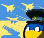  aircraft airplane ambiguous_gender animate_inanimate blue_background clothing flying hat headgear headwear jet military military_cap military_uniform military_vehicle missile multicolored_body not_furry politics sa-6 simple_background solo sphere_creature su-27 surface_to_air_missile two_tone_body ukrainian_flag uniform unknown_artist yellow_background 