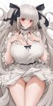  1girl azur_lane between_breasts black_bow black_choker black_ribbon bow breasts choker clothes_lift collarbone cowboy_shot dakimakura_(medium) dress dress_lift formidable_(azur_lane) frilled_sleeves frills grey_hair hair_ribbon hands_on_own_breasts highres large_breasts long_hair panties red_eyes ribbon solo tony_guisado twintails underwear very_long_hair white_dress white_panties 