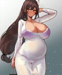  1girl arm_behind_head azur_lane blush bra breasts brown_hair cleavage collarbone dark_skin dongtan_dress dress embarrassed feather_hair_ornament feathers flying_sweatdrops hair_ornament huge_breasts long_hair long_sleeves low_ponytail meme_attire paundo2 pregnant purple_bra see-through see-through_dress solo south_dakota_(azur_lane) underwear white_dress 