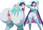  1girl absurdres anus ass ass_focus ass_grab bent_over blue_hair blunt_bangs bodysuit bow breasts censored colored_inner_hair covered_navel grabbing_own_ass highres huge_ass impossible_bodysuit impossible_clothes large_breasts long_hair looking_at_viewer minakami_(flyingman555) mosaic_censoring multicolored_hair panty_&amp;_stocking_with_garterbelt presenting pussy skin_tight solo stocking_(psg) thick_thighs thighs two-tone_hair zipper 