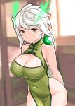  1girl absurdly_long_hair alternate_costume arms_behind_back asymmetrical_hair blurry blurry_background blush braid breasts china_dress chinese_clothes cleavage covered_navel cowboy_shot dress furaggu_(frag_0416) green_dress groin highres kantai_collection large_breasts long_hair looking_at_viewer open_mouth pelvic_curtain single_braid sleeveless sleeveless_dress solo unryuu_(kancolle) very_long_hair white_hair yellow_eyes 