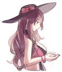 1girl black_headwear blue_eyes bracelet breasts brown_hair closed_mouth commentary_request dorothea_arnault dorothea_arnault_(summer) fire_emblem fire_emblem:_three_houses fire_emblem_heroes flower from_side haconeri hat hat_flower jewelry large_breasts long_hair official_alternate_costume red_flower simple_background smile solo sun_hat swimsuit upper_body white_background 