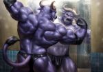 2024 anthro back_muscles barazoku biceps big_muscles bovid bovine bulge butt cape_buffalo chief_bogo clothed clothing deltoids disney elbow_pads eyebrows fingerless_gloves flexing fur gloves handwear hi_res horn huge_muscles inside male mammal manly mirror muscular muscular_anthro muscular_male navel notched_ear nviek5 rear_view reflection smile solo standing teeth thick_thighs thong topless topless_anthro topless_male triceps tuft underwear zootopia