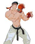  1boy abs black_hair bulge dougi feet_out_of_frame hands_up headband highres horikwawataru huge_eyebrows large_hands large_pectorals looking_at_viewer male_focus muscular muscular_male navel navel_hair nipples pectorals puckered_lips ryu_(street_fighter) short_hair solo stomach street_fighter topless_male v-taper 