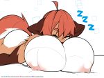 2024 anthro areola big_breasts biped breasts canid canine eyes_closed female fox hair huge_breasts lying mammal milly_(t-rex_m) nipples nude on_breasts on_front red_hair sagestrike2_(artist) sleeping solo sound_effects text url vowelless vowelless_sound_effect zzz