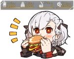  +_+ 1girl amonitto bow burger chibi closed_mouth cropped_torso eating food food_on_face gameplay_mechanics girls&#039;_frontline gloves hair_bow hands_up holding holding_food notice_lines red_eyes short_hair single_glove solo spas-12_(girls&#039;_frontline) twintails upper_body white_background white_hair 
