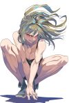  1girl breasts character_request cleavage copyright_request green_hair highres large_breasts long_hair muscular muscular_female rasetsu001 red_eyes sharp_teeth shoes shorts simple_background solo spaghetti_strap squatting teeth toned white_background 