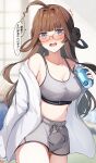 1girl ahoge alternate_costume bespectacled blurry blurry_background blush breasts brown_hair can character_name cleavage clothes_writing commentary_request double_bun drawstring drink_can glasses grey_shorts grey_sports_bra hair_bun highres holding holding_can jacket kantai_collection kongou_(kancolle) large_breasts long_hair looking_at_viewer nose_blush off_shoulder open_mouth purple_eyes ranran_3939 shorts soda_can solo speech_bubble sports_bra translation_request white_jacket 