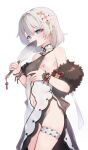  1girl bare_shoulders blue_eyes breasts clothing_aside commentary_request covering_mouth cowboy_shot dress dress_aside flower grey_hair hair_between_eyes hair_flower hair_ornament highres honkai_(series) honkai_impact_3rd long_hair navel nipples simple_background small_breasts solo tama_(tamatamo) theresa_apocalypse thigh_strap white_background white_dress 