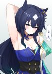  1girl absurdres animal_ears armpits blue_eyes blue_hair blush breasts cleavage closed_mouth collarbone commentary_request dark_blue_hair earrings hair_between_eyes hair_ornament highres horse_ears horse_girl jewelry kumiyabe long_hair looking_at_viewer medium_breasts mole mole_under_eye presenting_armpit simple_background single_earring solo translation_request umamusume uniform verxina_(umamusume) white_background 