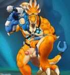  armor balls blue_eyes bone_frill bottomwear bottomwear_pull clothing clothing_pull eyewear frill_(anatomy) genitals goggles hammer hi_res jax_(lightseekers) lightseekers lightseekers_awakening loincloth loincloth_pull looking_at_viewer male muscular muscular_male nipples orange_body orange_scales penis scales scalie solo spelunker_sal straps tools tusks tyrax vein veiny_penis 