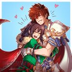  1boy 1girl armor black_hair blue_background border breastplate brown_eyes brown_hair cape closed_eyes commentary commission double-parted_bangs emphasis_lines english_commentary eyelashes fingerless_gloves fire_emblem fire_emblem:_thracia_776 fire_emblem_heroes fur-trimmed_cape fur_trim gloves gold_trim grey_trim gzei heart highres hug leif_(fire_emblem) long_hair low-tied_long_hair mareeta_(astra_awakened)_(fire_emblem) mareeta_(fire_emblem) one_eye_closed open_mouth pauldrons red_cape short_hair shoulder_armor simple_background smile teeth two-sided_cape two-sided_fabric two-tone_cape upper_teeth_only watermark white_border white_cape white_gloves 
