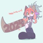  2024 ahoge bikini black_thighhighs cardboard ceroblitz character_request chibi copyright_request dragon_tail fang happy_birthday happy_new_year highres long_hair red_hair swimsuit tail thighhighs yellow_eyes zettai_ryouiki 