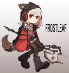 1girl amonitto animal_ears arknights beanie black_footwear black_shorts boots brown_pantyhose character_name chibi closed_mouth coat ears_through_headwear frostleaf_(arknights) gradient_background grey_hair grey_shirt halberd hat headphones holding holding_polearm holding_weapon long_sleeves looking_at_viewer medium_hair open_clothes open_coat pantyhose polearm red_coat red_eyes shirt short_hair short_shorts shorts solo tail weapon 