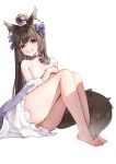  1girl :d absurdres animal_ear_fluff animal_ears armpit_crease bare_shoulders barefoot blunt_bangs blunt_ends blush bow breasts brown_hair brown_tail chinese_commentary choker collarbone commentary covering_breasts covering_privates crown curvy full_body grin hair_bow head_tilt heterochromia highres knees_up liwen520 long_hair looking_at_viewer medium_breasts mini_crown nipple_slip nipples original purple_bow purple_choker purple_eyes red_eyes simple_background sitting smile solo straight_hair strap_slip tail thighs toes very_long_hair white_background wolf_ears wolf_girl wolf_tail 