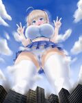  1girl absurdres aonagi_ibane blonde_hair blue_eyes blue_skirt breasts building city cloud cloudy_sky from_below giant giantess highres looking_down midriff size_difference skirt sky skyscraper thighhighs underwear v white_thighhighs 