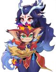  1girl :d absurdres beseunaj-jamjaneun_gemdol-i black_hair blue_hair blue_pants blush_stickers closed_mouth colored_skin cowboy_shot dragon dragon_horns fang fire green_eyes highres holding horns league_of_legends long_hair orange_eyes pants pointy_ears red_skin shyvana skin_fang smile smolder_(league_of_legends) 