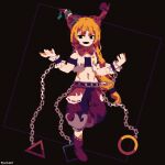  1girl 4qw5_(style) adapted_costume artist_name black_background black_eyes chain full_body horns ibuki_suika long_hair looking_at_viewer navel open_mouth orange_hair pants pixel_art purple_pants ryanluke simple_background solo touhou wrist_cuffs 