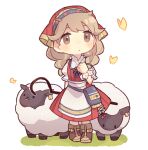  1girl :o boots brown_eyes brown_footwear brown_hair bug butterfly cane dress eyelashes faye_(fire_emblem) fire_emblem fire_emblem_echoes:_shadows_of_valentia grass haconeri holding holding_cane long_hair on_grass open_mouth pouch red_dress sheep simple_background solid_oval_eyes standing white_background wool 