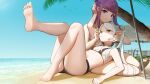  2girls absurdres barefoot beach bikini bird black_bikini blue_sky closed_mouth day earrings elf feet fern_(sousou_no_frieren) frieren green_eyes hand_on_another&#039;s_head highres jewelry long_hair looking_at_viewer monstarno multiple_girls ocean palm_tree pointy_ears purple_eyes purple_hair sand shadow sky soles sousou_no_frieren swimsuit thighs toes tree twintails white_hair 