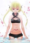  1girl blonde_hair breasts highres long_hair looking_at_viewer navel original petals red_eyes simple_background small_breasts smile solo tattoo twintails water white_background xiaodi 