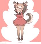  1girl animal_ears arms_up bow bowtie brown_hair coroha dog_ears dog_girl dog_tail dress extra_ears full_body gloves jumping kemono_friends kemono_friends_3 looking_at_viewer new_guinea_highland_wild_dog_(kemono_friends) pantyhose pink_background shirt shoes short_hair simple_background solo tail 