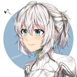  1girl ahoge aqua_eyes excalibur_(warframe) excalibur_prime_(warframe) humanization medium_bangs medium_hair musical_note ponytail power_suit profile signature simple_background smile warframe white_background white_hair zxpfer 