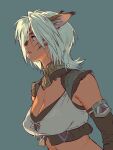  1girl 2021 absurdres adventurer_(ff11) animal_ears artist_name blue_background breasts cat_ears cat_girl cleavage closed_mouth dated facial_mark final_fantasy final_fantasy_xi from_side highres medium_breasts medium_hair midriff mithra_(ff11) simple_background solo upper_body whisker_markings white_eyes white_hair yuccoshi 