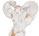  1boy abs animal_ears bara bear_boy bear_ears bear_tail biceps completely_nude cowboy_shot excessive_armpit_hair excessive_pubic_hair facial_hair furry furry_male goatee head_tilt highres horikwawataru huge_pectorals large_hands male_focus male_pubic_hair mature_male muscular muscular_male mutton_chops nipples nude orange_hair original pubic_hair solo tail thick_arms thick_navel_hair v-taper white_fur 