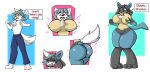 absurd_res anthro big_breasts big_butt black_body black_fur black_hair blue_body blue_fur blue_hair breast_growth breasts butt butt_expansion canid canine chest_spike colored confusion dialogue english_text expansion female fox fur gender_transformation generation_4_pokemon growth hair hand_on_breast hand_spikes hi_res lucario male mammal mtf_transformation nintendo pokemon pokemon_(species) quickcast sequence solo species_transformation speech_bubble spikes spikes_(anatomy) surprised_expression tail tail_transformation text thick_thighs transformation white_body white_fur yellow_body yellow_fur